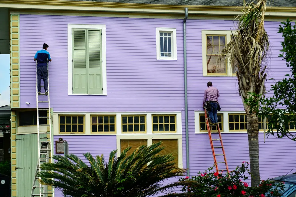 Two professional painters on ladders painting a building wall