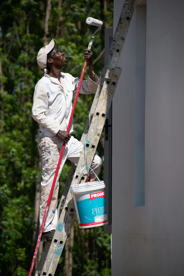 Painter on a ladder carefully painting a wall